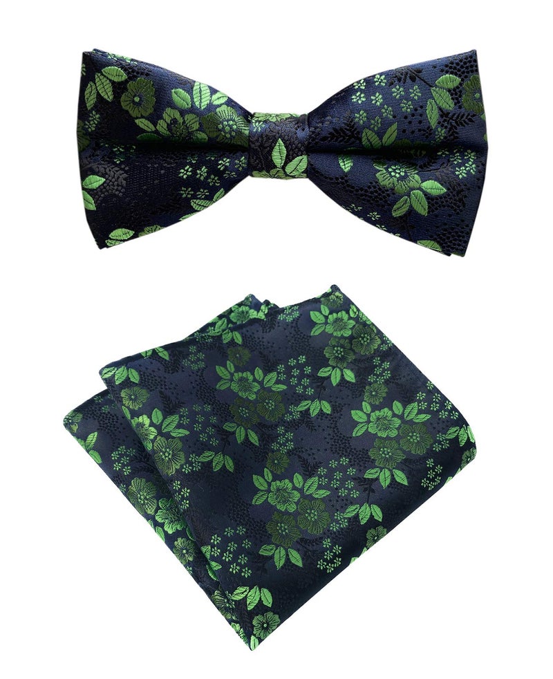 Secdtie Men's Green Black 100% Silk Bow Tie Pocket Square Set Cravat Woven Jacquard Casual Spring Neckties - Image 1